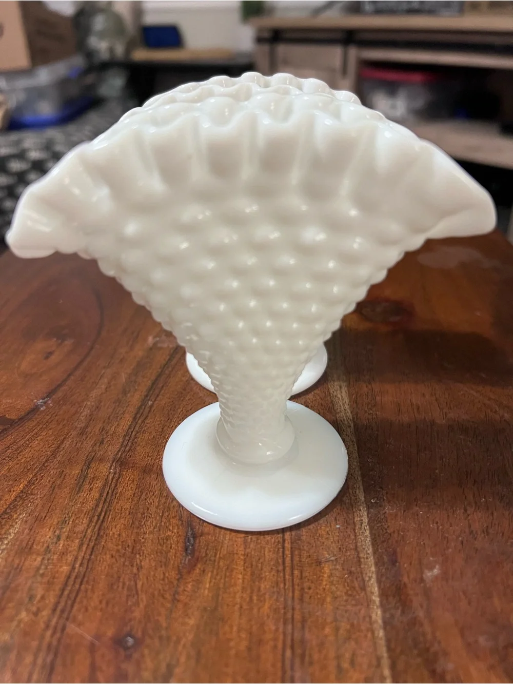 Vintage Fenton Milk Glass Hobnail Fan Vases Ruffled Pair